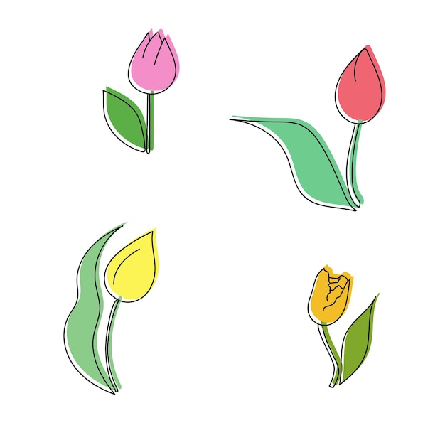 Vettore set di tulipani doodle di vari colori delicati fiori primaverili per l'arredamento