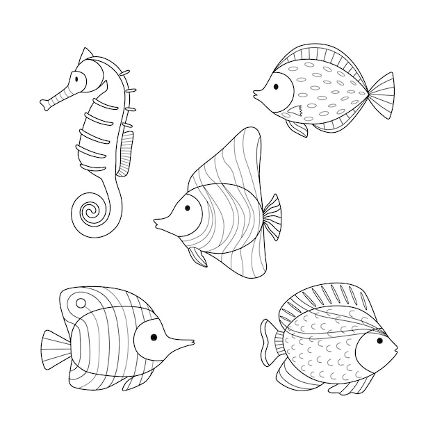Set doodle vissen Zwarte dierenschets voor kleurpagina's en design