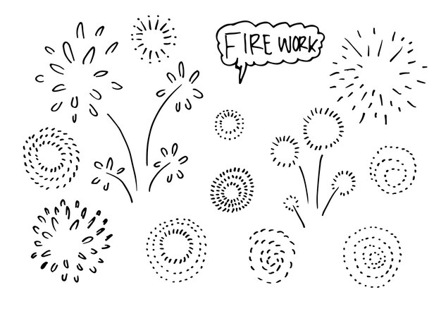 Set doodle vuurwerk geïsoleerd op een witte achtergrond.
