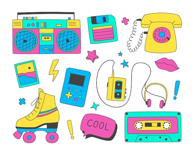 Vector set of doodles elements of the 90s