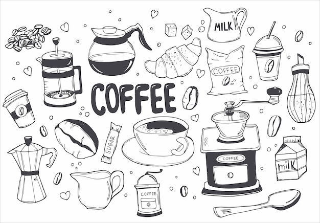 Set of doodles hand drawn rough simple sketches various kinds of coffee ingredients and devices