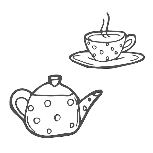 Set of doodles tea time Teapot and cup of tea sketch