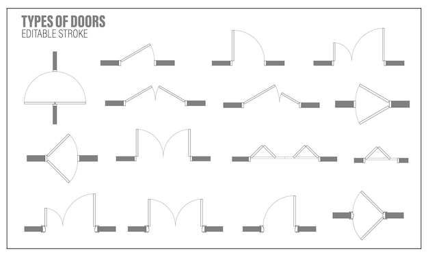 Set di porte per la vista dall'alto della pianta kit architettonico di icone per il progetto di interni porta per lo schema degli appartamenti simbolo di costruzione elemento di progettazione grafica mappa del progetto illustrazione vettoriale