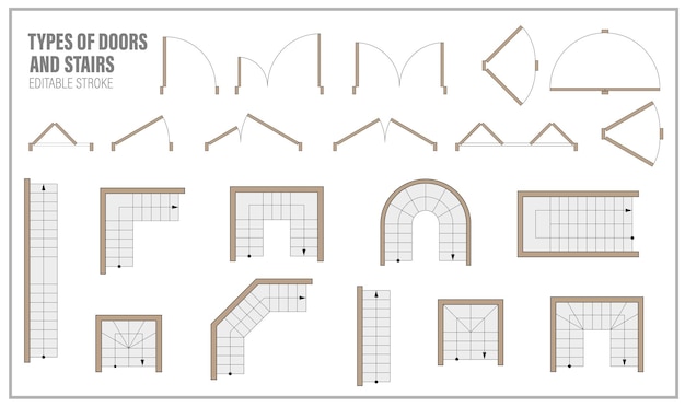 フロア プラン トップ ビューのドアと階段のセット インテリア プロジェクトのアイコンのキット アパートのスキームの建築要素 建設シンボル グラフィック デザイン要素の青写真