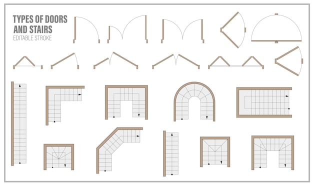 평면도 평면도에 대 한 문 및 계단 세트 인테리어 프로젝트에 대 한 아이콘 키트 아파트 구성표에 대 한 건축 요소 건설 기호 그래픽 디자인 요소 청사진 벡터