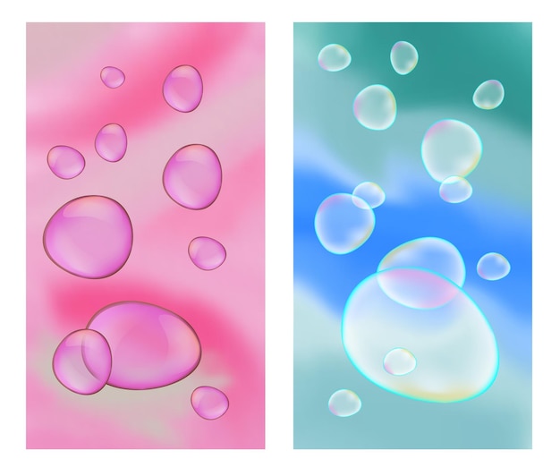 Set doorschijnende bubbels op diffuse abstractie achtergrond voor trendy roze blauwe kleur ontwerp