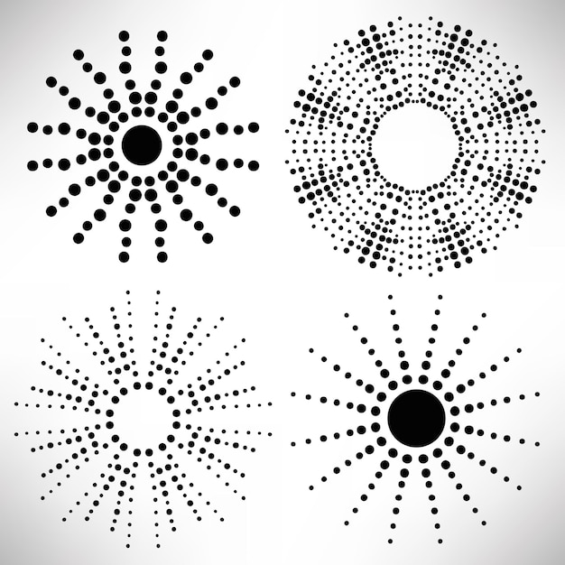 Set of dotted round elements isolated on white background. black halftone mandala.