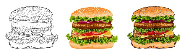 Set of double cutlet hamburgers isolated on transparent background