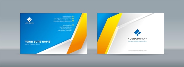 Vector set of double sided business card templates with simple folded white orange ribbon on white blue background