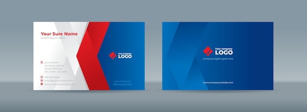 Vector set of doublesided business card templates with red folded ribbons on blue and white background