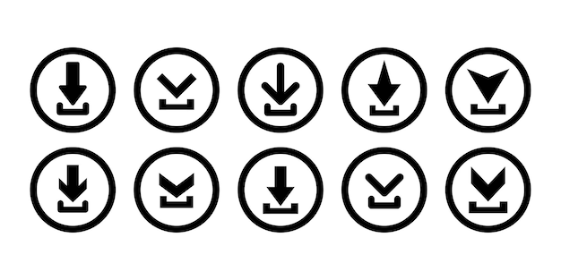 Set of download vector icons. Upload symbol. Web buttons for download. Down arrows.