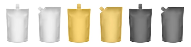 Vector set of doypack packaging with screw cap pouches with spout ketchup or mustard mock up set black gold