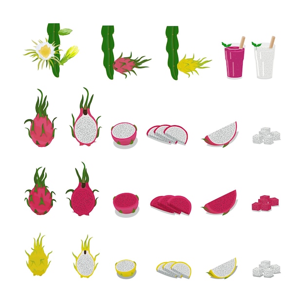 Vettore set di vettori piatti di frutta del drago isolati su sfondo bianco frutta del drago intera e tagliata pitaya