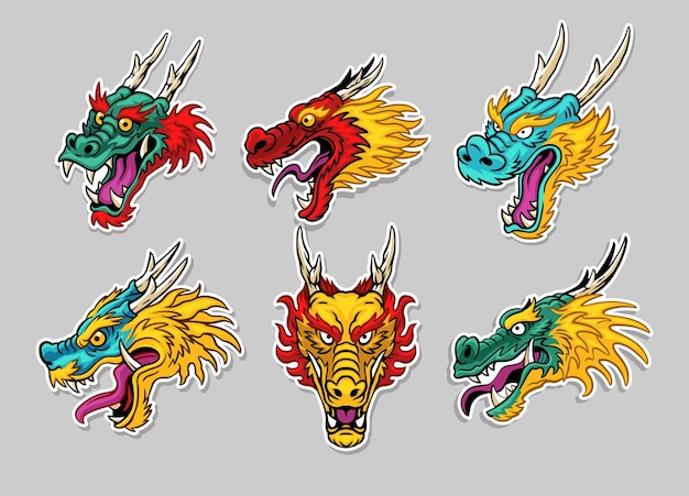 Vector set of dragon head illustration sticker clip art isolated