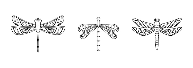 Set of dragonflies in boho styles. geometric tribal outline illustration.