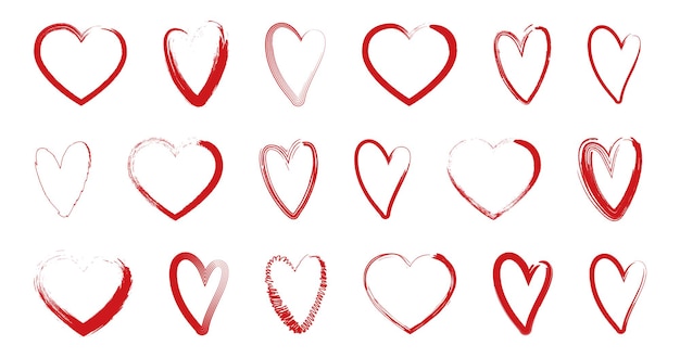 Set of drawing brush red heart icon Love heart collection