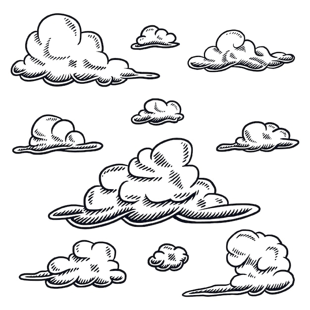 Vector set  drawing of cloud, isolated on a white