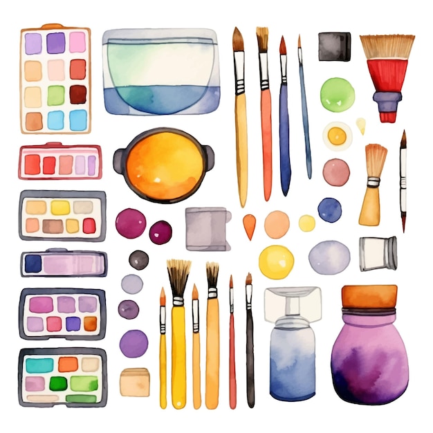 Set of drawing equipment in watercolor style