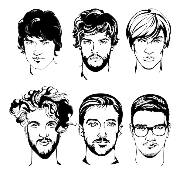 Vettore insieme degli uomini del disegno con l'illustrazione differente dell'acconciatura su fondo bianco. ragazzo con occhiali, barba, baffi. silhouette di persone