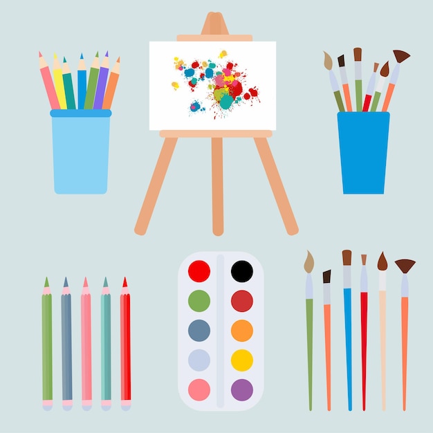 Set for drawing multicolored paints pencil brushes and easel Vector illustration isolated on white background