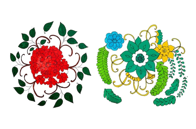 A set of drawings of flowers on a white background.