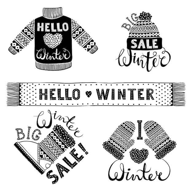 Vector set drawings knitted woolen clothing and footwear
