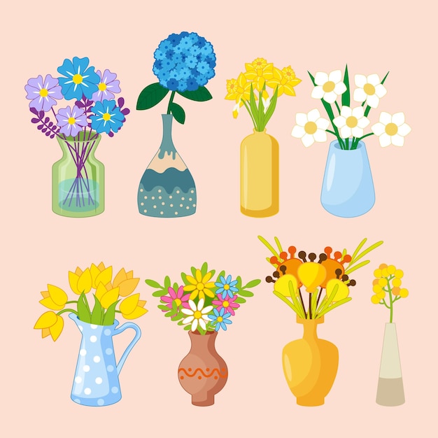 A set of drawings with beautiful vases and a bouquet of spring flowers