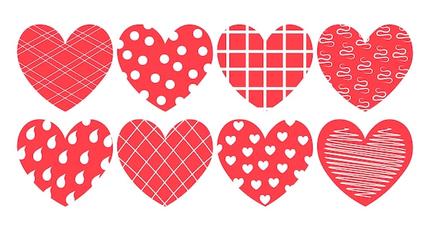 Set of drawn abstract pink hearts with white patterns ornament Hearts in a cage polka dots