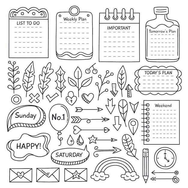 Vector set of drawn bullet journal essentials