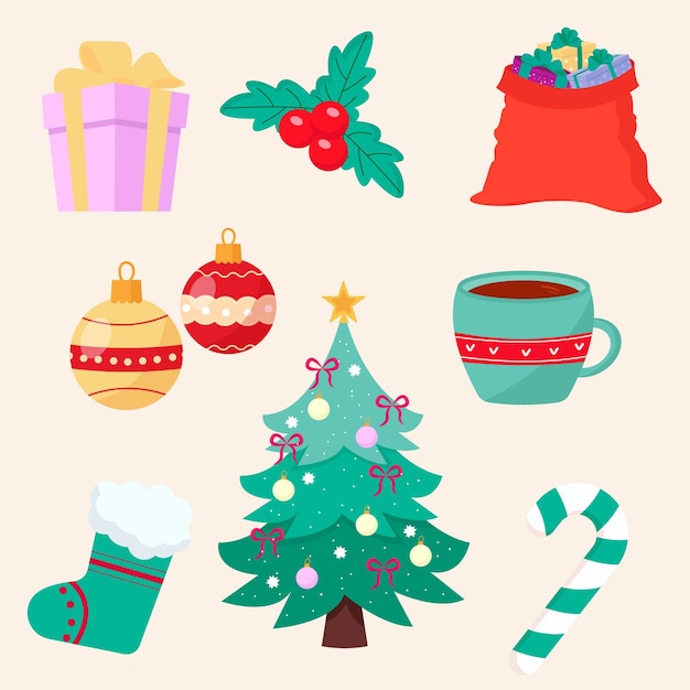 Set of drawn Christmas holiday elements Vector illustration