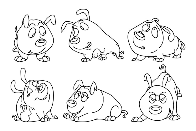 Vector set of drawn contour funny comical dogs. design for coloring, sketch, vector