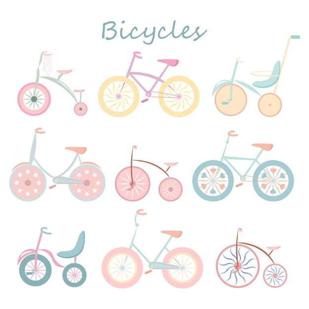 Vector set of drawn different modern and vintage bicycles pastel colors doodle illustration