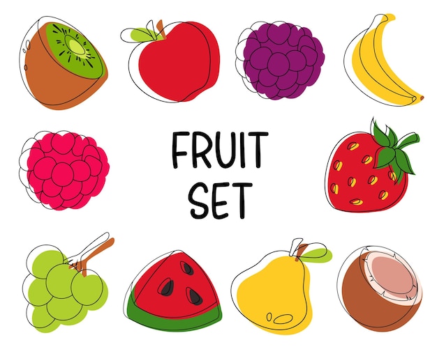 Set of drawn fruit outline and paint Apple pear grape raspberry blackberry kiwi coconut banana strawberry plum