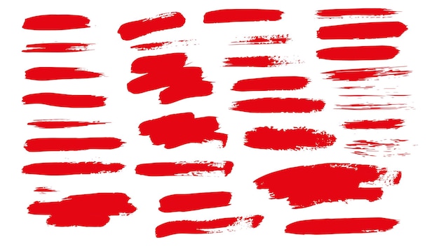 Set of drawn grunge red brush strokes isolated on white background paintbrush vector collection