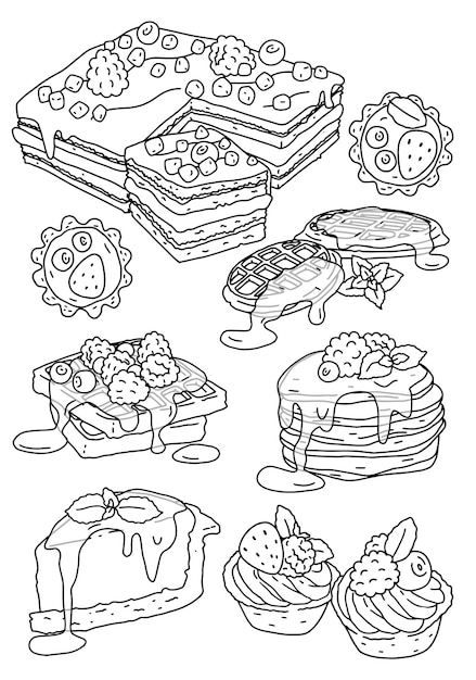 Vector set of drawn linear black and white sweet pastries and desserts