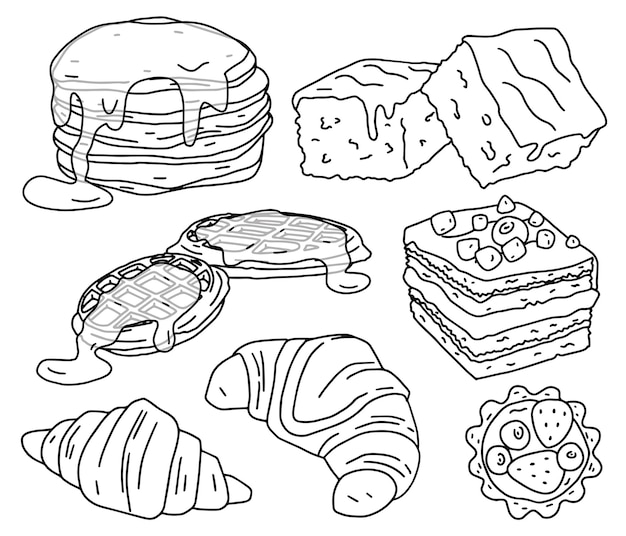 Vector set of drawn linear black and white sweet pastries and desserts