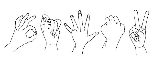 Set of drawn outlines of human hands. Design for coloring book, sketch, vector