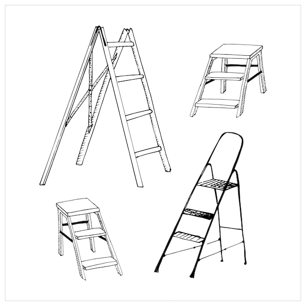 Set di scale a pioli disegnate. collezione di scale e scale a pioli disegnate a mano. illustrazione di stile di schizzo di vettore, isolato su bianco.