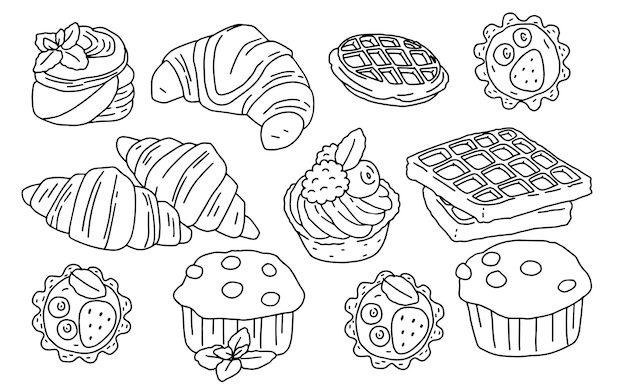 Vector set of drawn sweet pastries and desserts