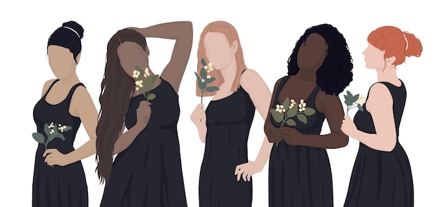 Set di donne disegnate da diversi gruppi etnici in abiti neri che tengono fiori nelle loro mani