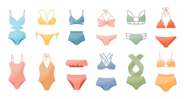 Set of drawn women's bikini swimwear on a white background Women's clothing icons print vector