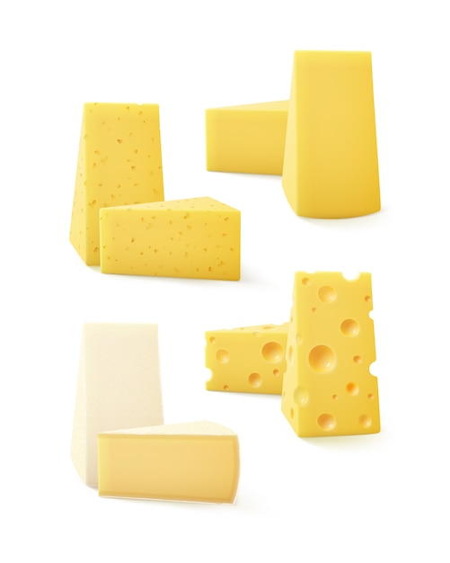 Set driehoekige stukken soort kaas op achtergrond