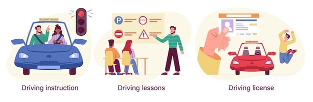 Set of driving school process with instructor and students driving lessons and instruction driving