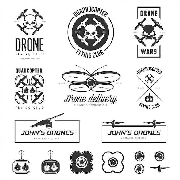 Set di etichette di club di volo drone, badge, elementi.