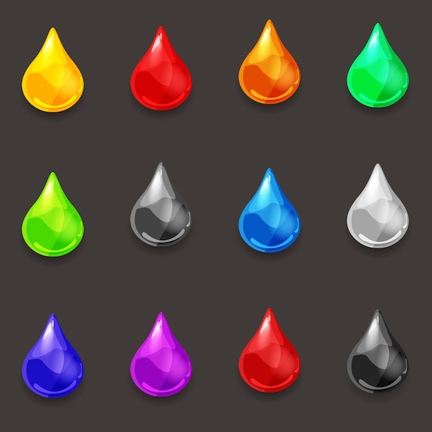 Set of drops of various colors of liquid, vector, cartoon style, illustration, isolated