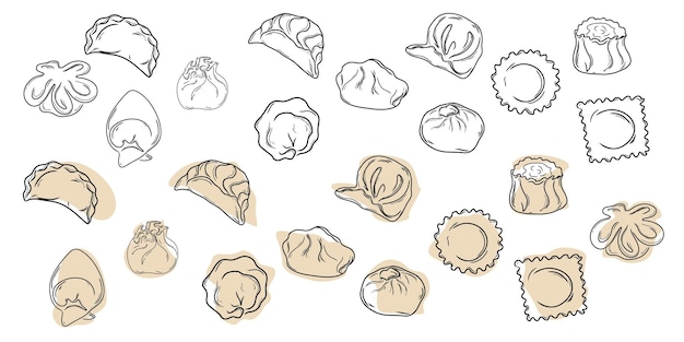 Vector set dumplings. manty, meat dumpling, pelmeni, jiaozi, pyanse or pigodi, khinkali, ravioli or pierogi