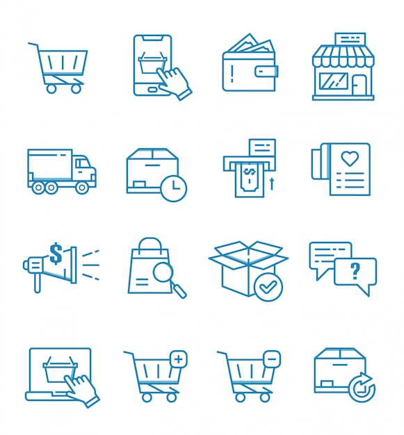 Set di e-commerce, negozio online e icone dello shopping con struttura di stile