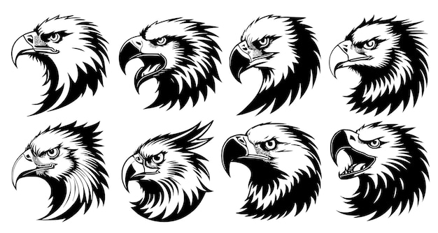 Set of eagle heads with big beaks side view symbols for tattoo emblem or logo isolated on a white background