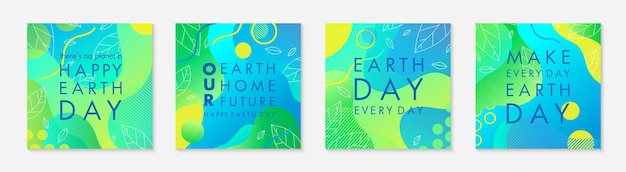 Set Earth Day-posters met groene gradiëntachtergrondenvloeibare vormenlineaire bladeren en geometrisch