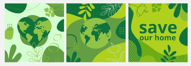 Set di poster per la giornata della terra con forme liquide sfondi verdi